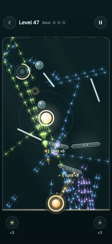 A Beamfork level: light motes bank off mirrors and fork through prisms toward a lit lamp