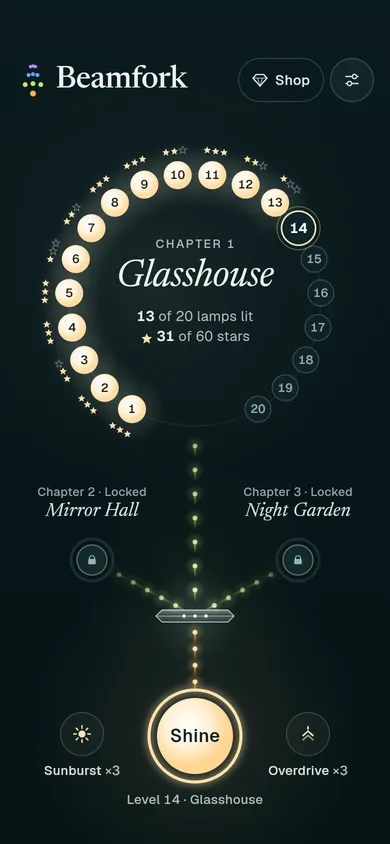 The Beamfork home screen: a ring of twenty levels around the chapter name Glasshouse