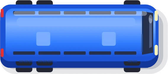 A full blue bus driving away.