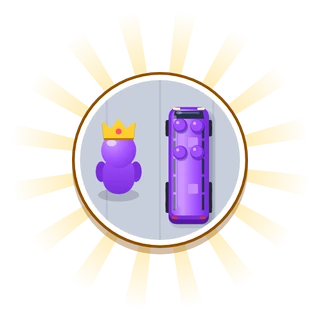 A purple passenger wearing a crown next to a purple bus.