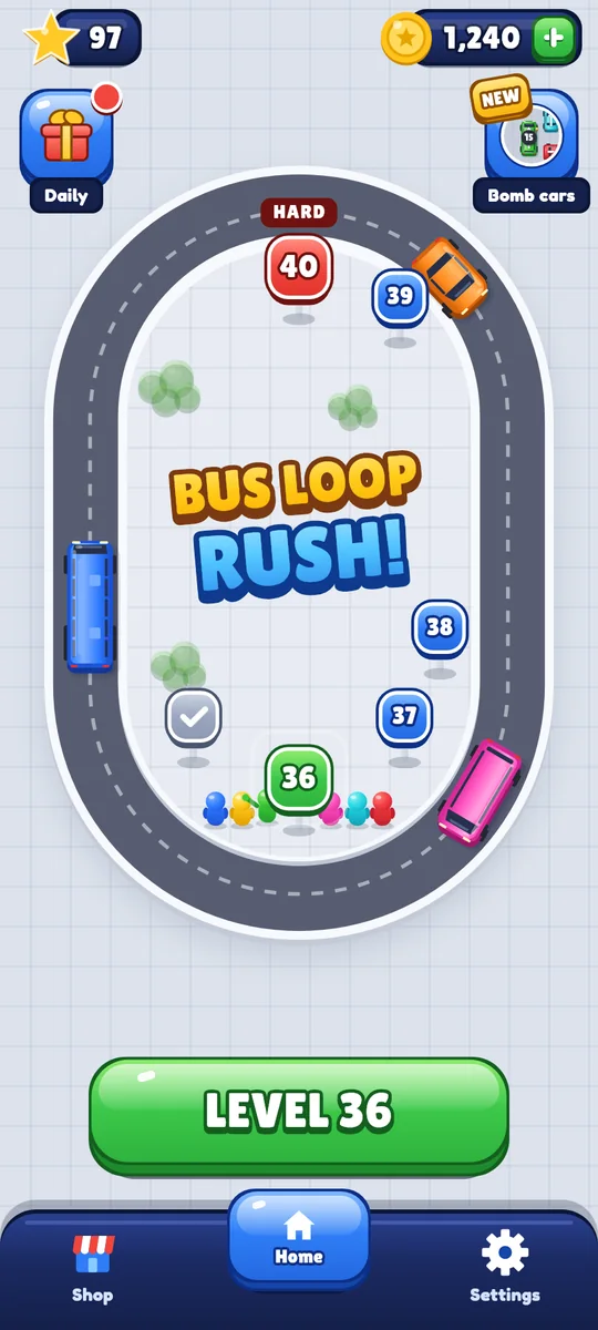 The home screen: a loop road with the next levels as bus stops, level 40 flagged HARD, and a big LEVEL 36 button.