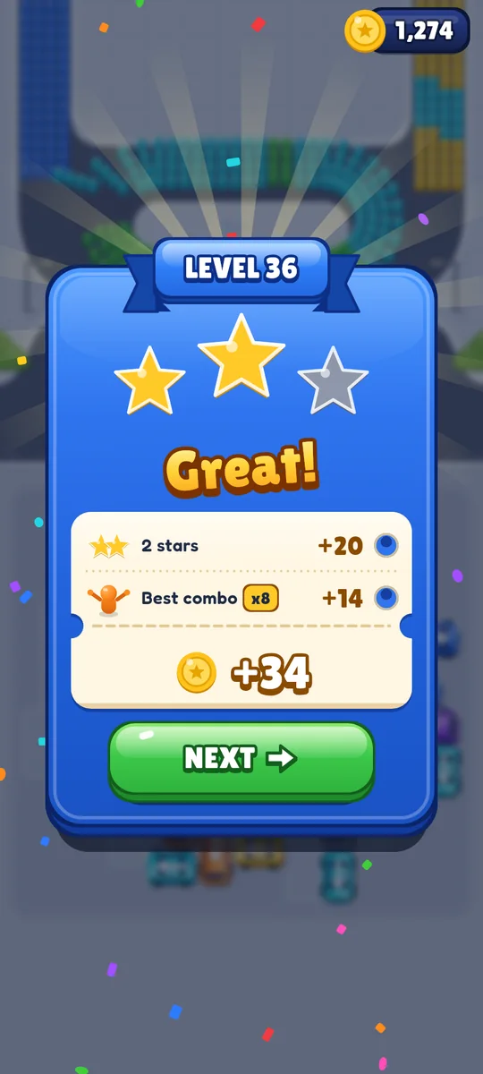 The win screen for level 36: two of three stars, Great!, and a ticket adding up 34 coins.