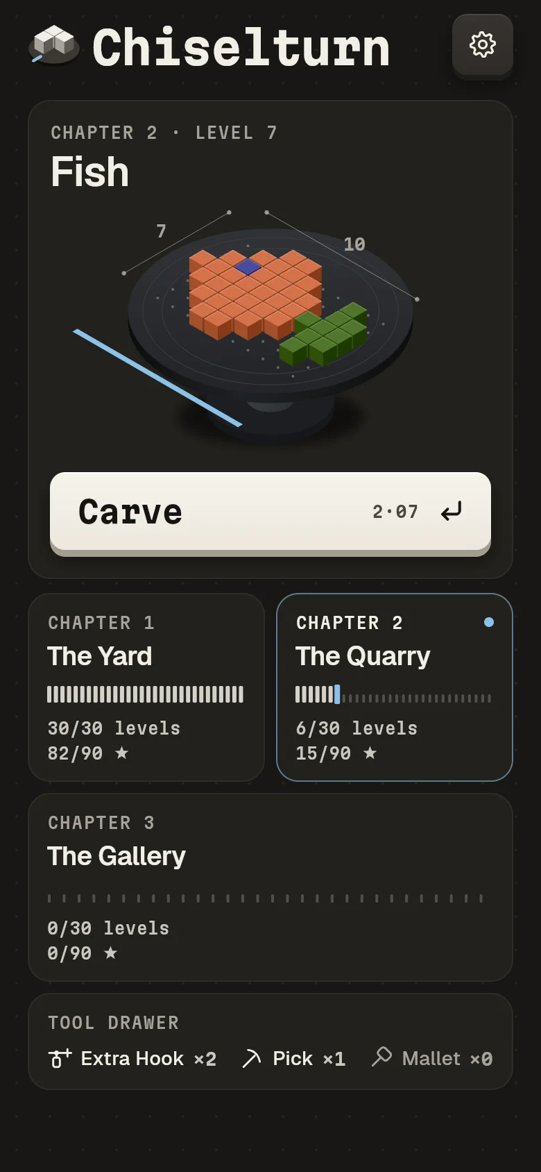 Chiselturn home screen: the next statue on its turntable and the Carve key
