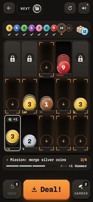 Coin Cubby in play: a pocket of gold 3s is lifted, and the empty pockets and the pockets that can take gold coins are marked with amber corners.