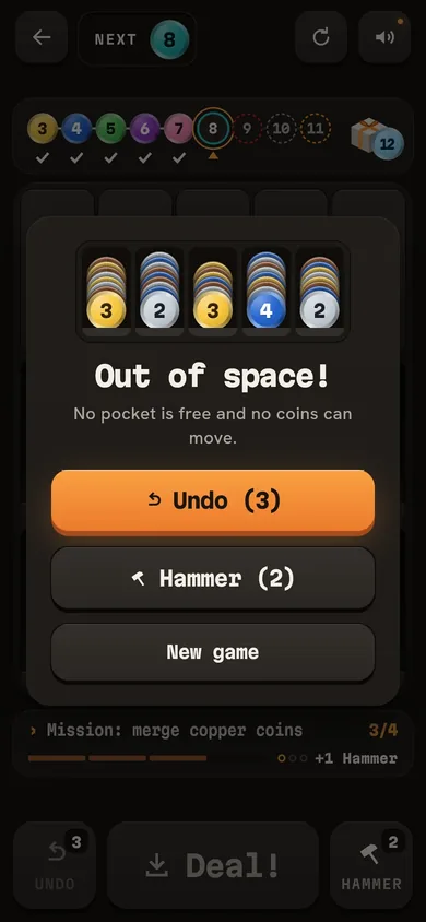 The Out of space! dialog: no pocket is free and no coins can move, with keys for Undo (3), Hammer (2) and New game.