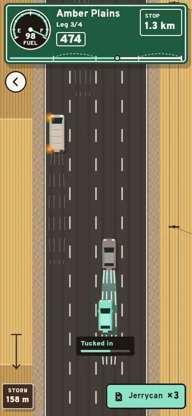 Gameplay: the mint hatchback tucked in behind a car, wind lines streaming between them, fuel dial at 98 and the storm 158 m behind.