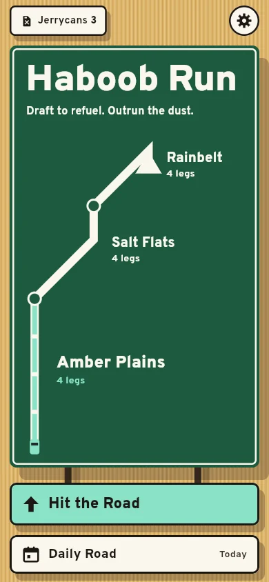 Home screen drawn as a green route sign: Amber Plains, Salt Flats, Rainbelt.