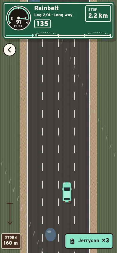 Rainbelt: wet fields and puddles on the road.
