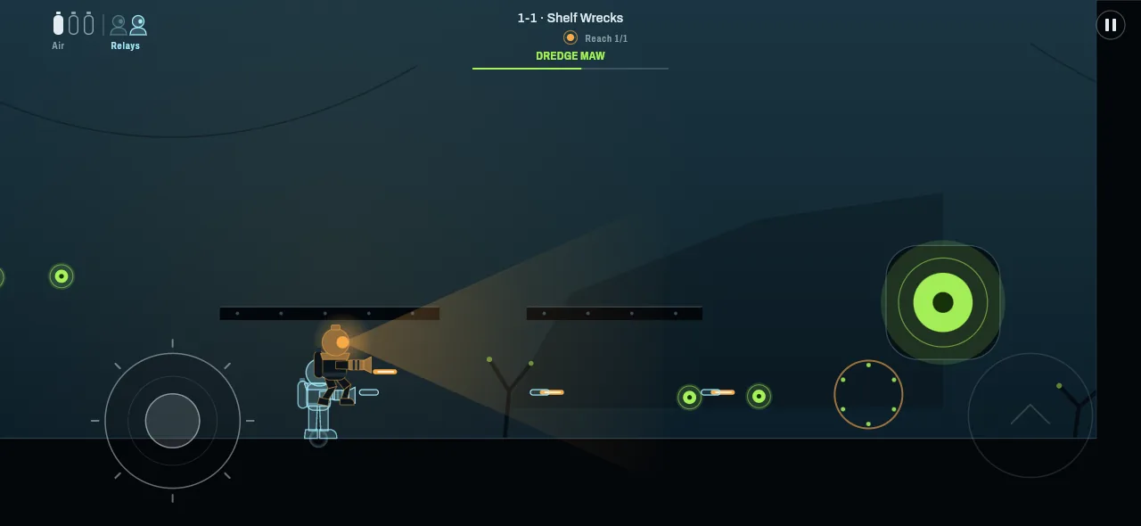 Gameplay: the diver, lit by an amber helmet lamp, fires at the Dredge Maw, a green-glowing machine core. A see-through cyan diver, the relay of an earlier attempt, runs and fires beside him.