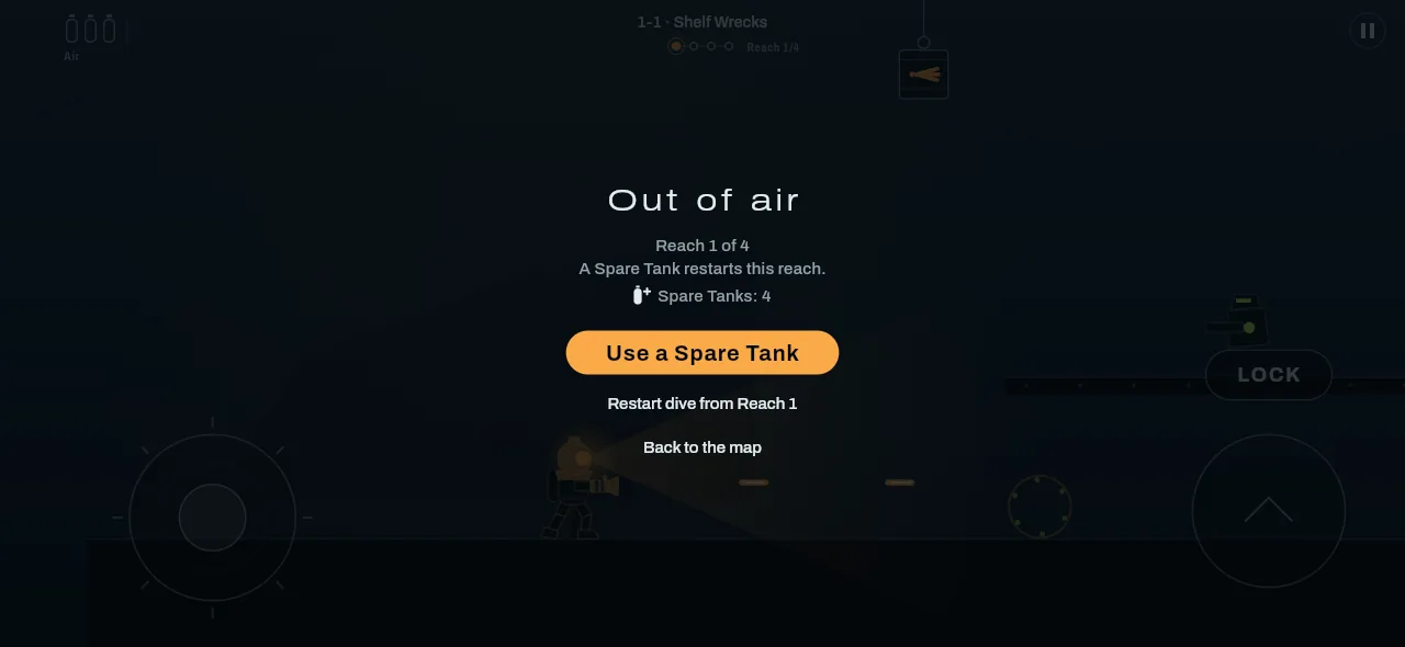 Out of air card: Reach 1 of 4, a Spare Tank restarts this reach, with buttons Use a Spare Tank, Restart dive from Reach 1 and Back to the map.