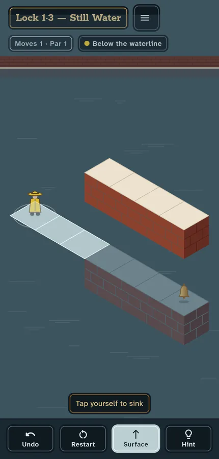 Lock 1·3, Still Water: the keeper stands on pale stones below the waterline, under a brick quay whose top is cream stone; a brass bell waits at the far end.