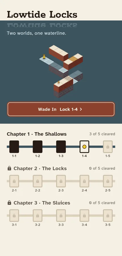 The home screen: the Lowtide Locks wordmark over the canal, the Wade In button, and a route map with five locks in each chapter.