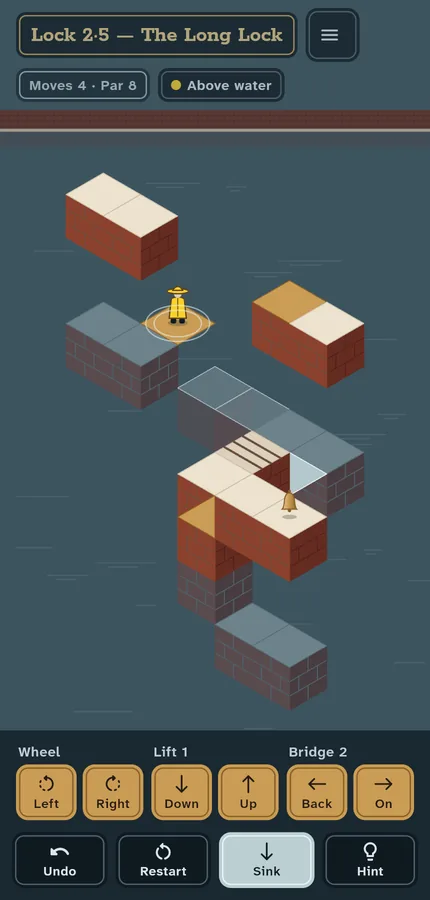 Lock 2·5, The Long Lock: brick piers standing in the canal, with brass plates for a wheel, a lift and a sliding bridge.