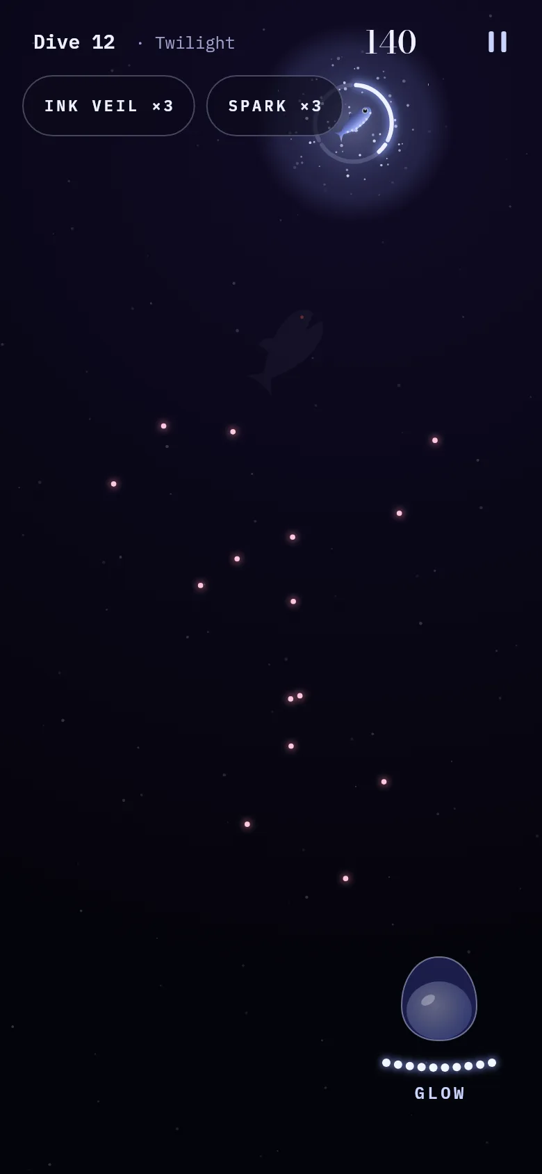 The last dive of Twilight: the lanternfish near the surface while prey lights scatter in the dark below.