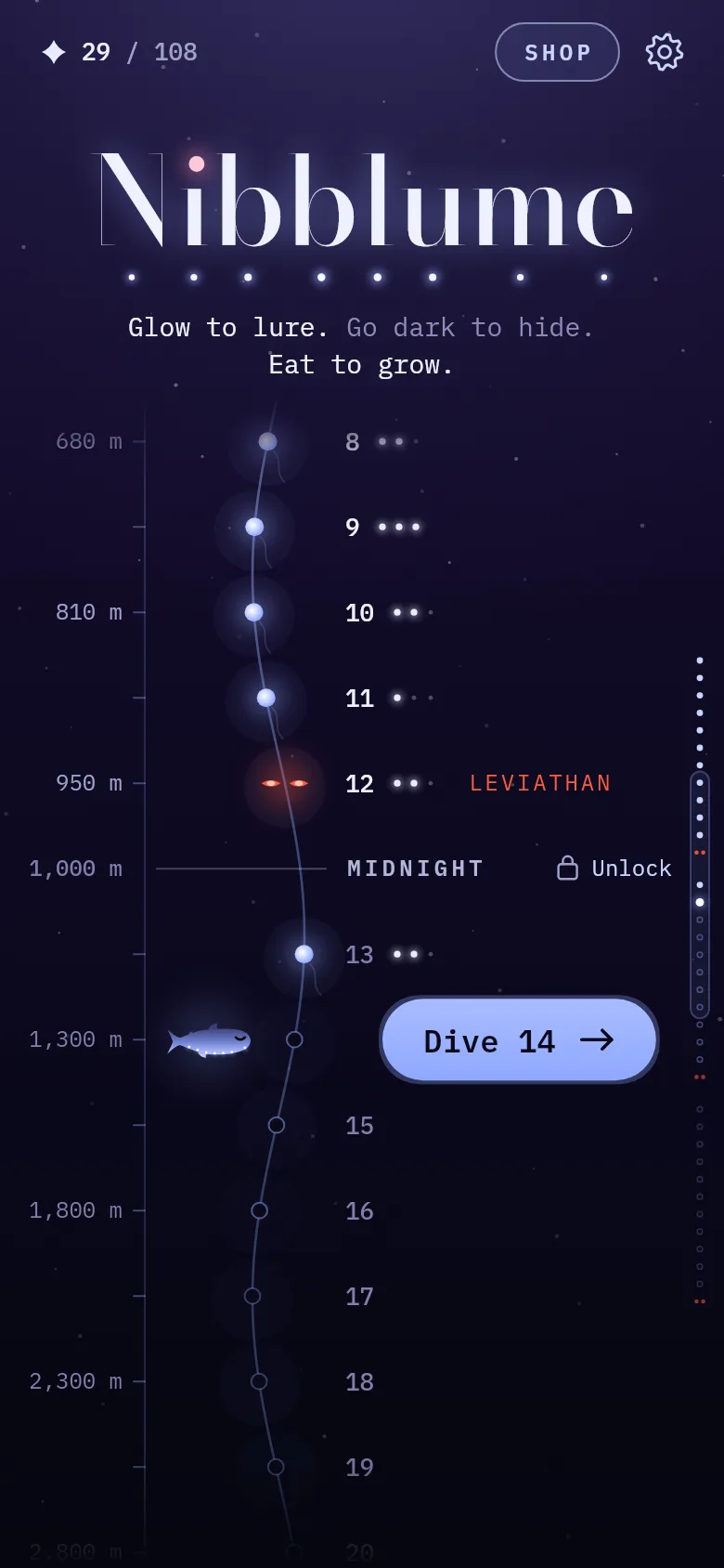 The home screen: a descent of 36 lights from Twilight into Midnight, with the next dive button.