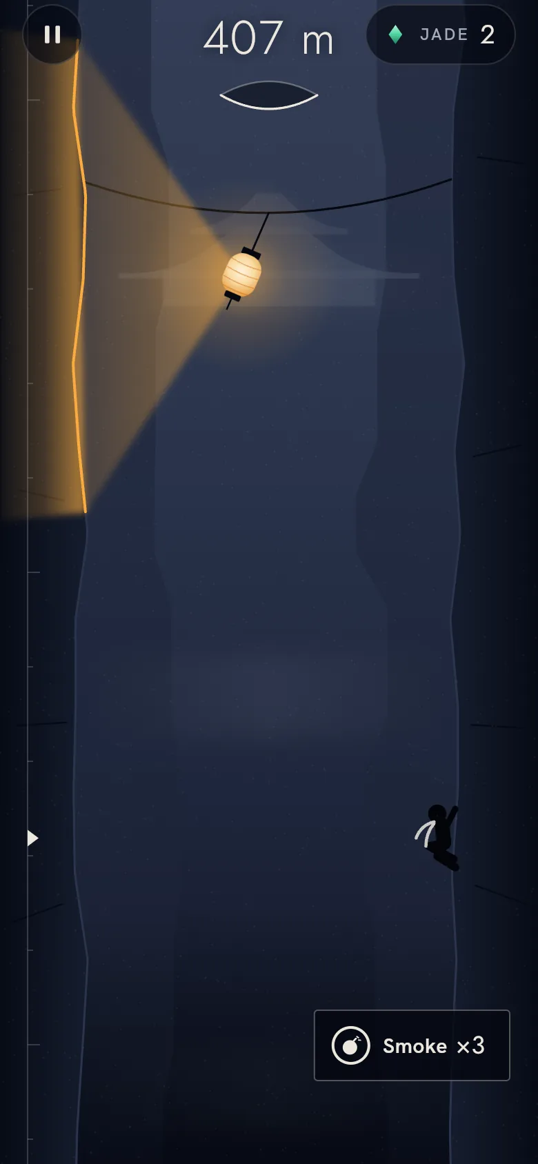 Nightwall gameplay: the ninja clings to the dark wall while a lantern lights the opposite wall; the height reads 407 m and the detection eye is closed.