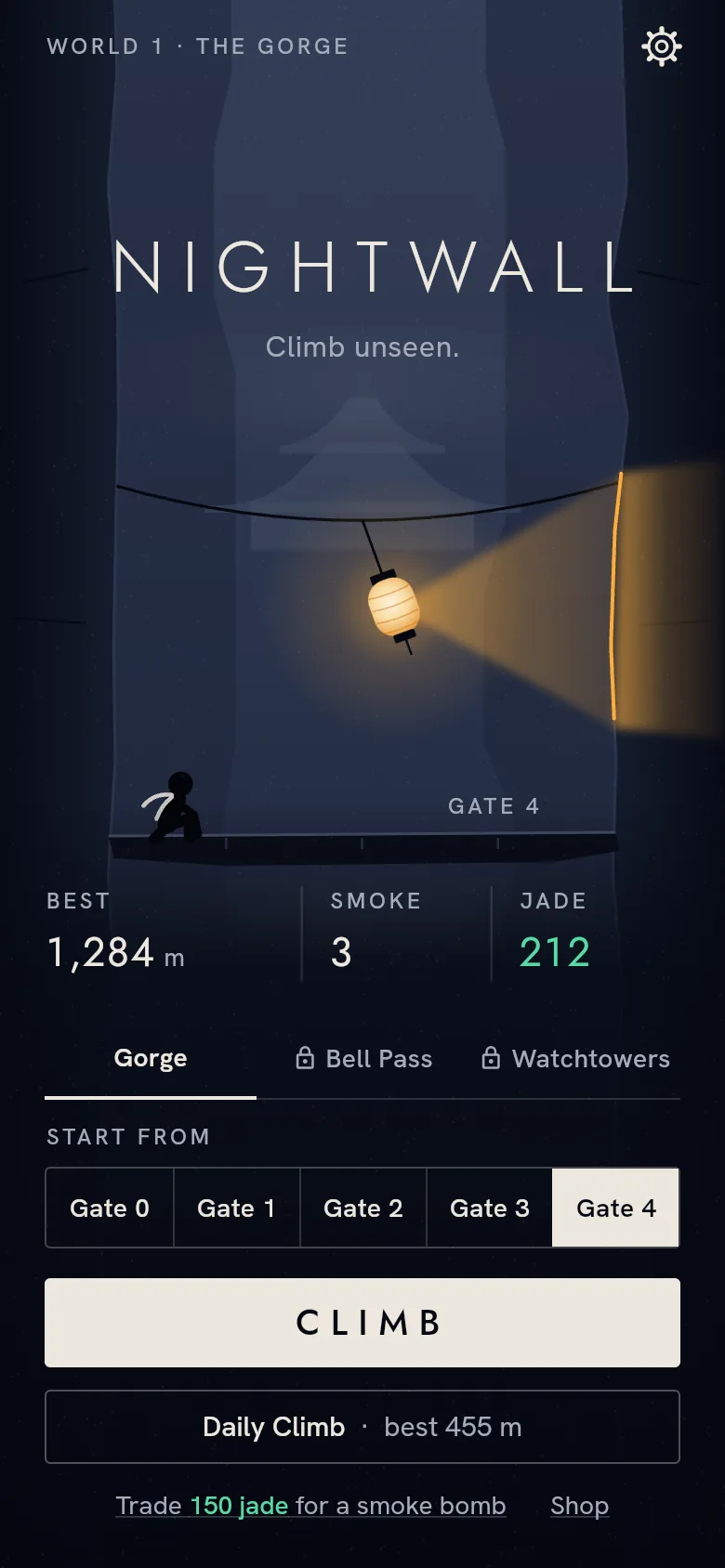 Home screen: the title Nightwall over the gorge at gate 4, with best height, smoke bombs, jade and the Climb button.