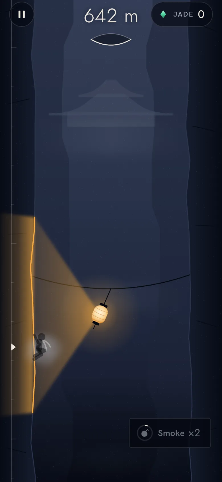 Smoke: the ninja hides in a puff of smoke on the lit wall while the eye stays shut; the Smoke button is cooling down.