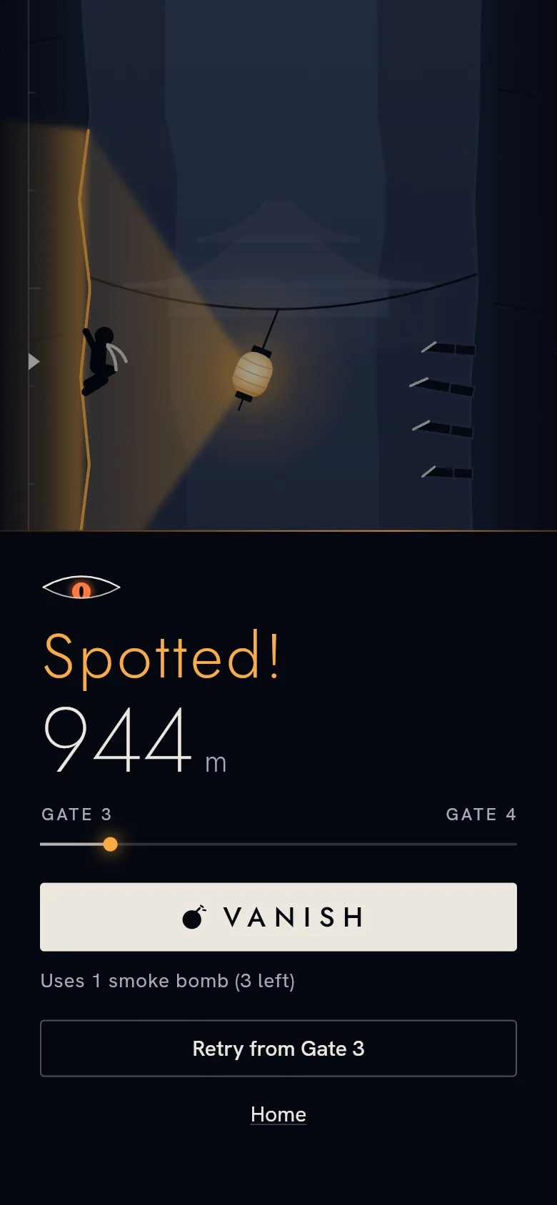 Spotted: the ninja caught in amber light, the run ending at 944 m with Vanish and Retry from Gate 3.
