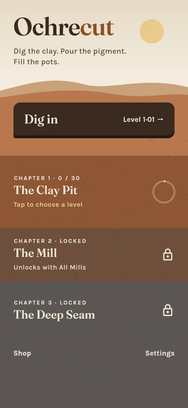 Ochrecut home screen: chapters drawn as layers of a hillside