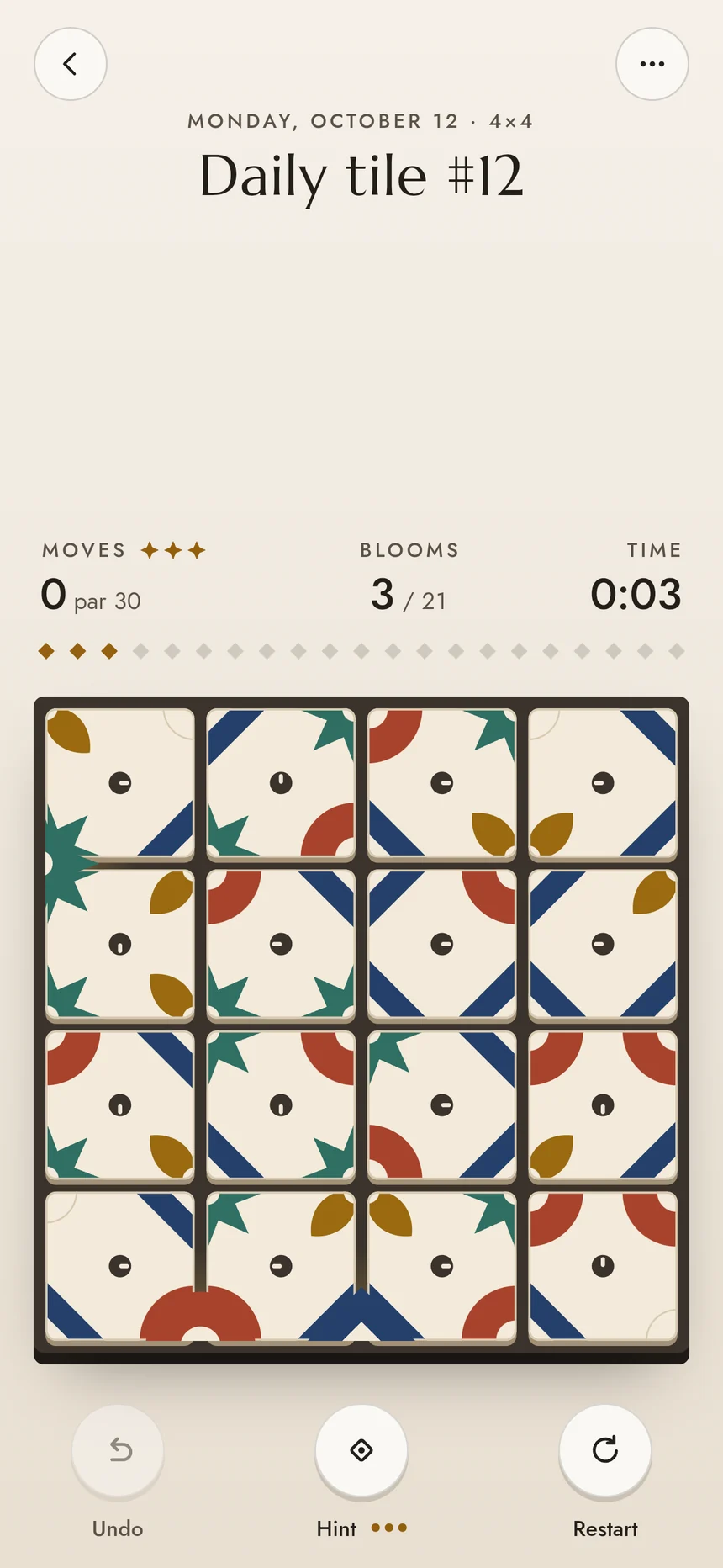 Daily tile number 12, Monday October 12: a four by four floor at the start, 0 moves, par 30.
