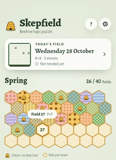 The Skepfield home screen: today's field and the Spring season drawn as a honeycomb, solved fields in crop colours.