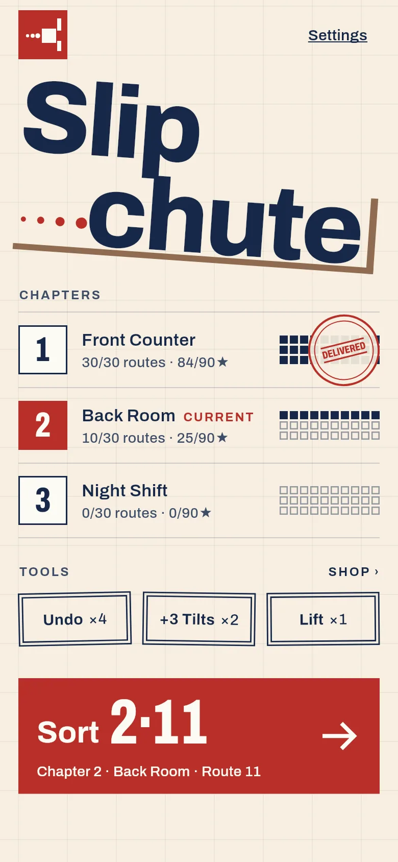 Home: the Slipchute wordmark, three chapters with their stamp sheets, tools and the Sort button.