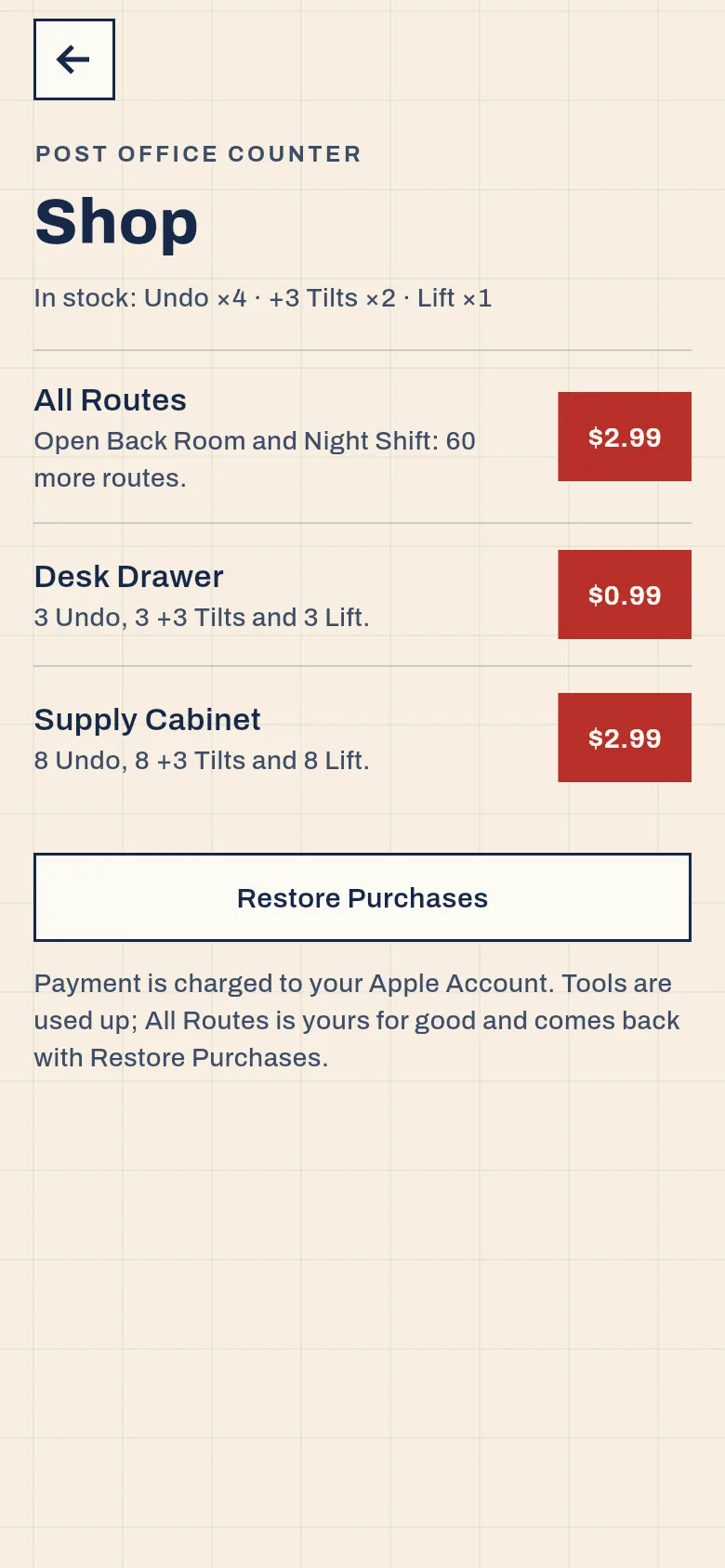 The counter: All Routes and two tool packs, with Restore Purchases.