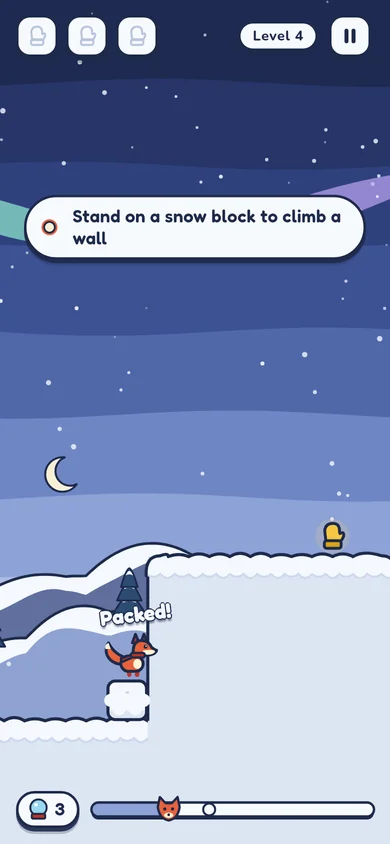 Tuck standing on a fresh snow block below a wall, with the hint: Stand on a snow block to climb a wall