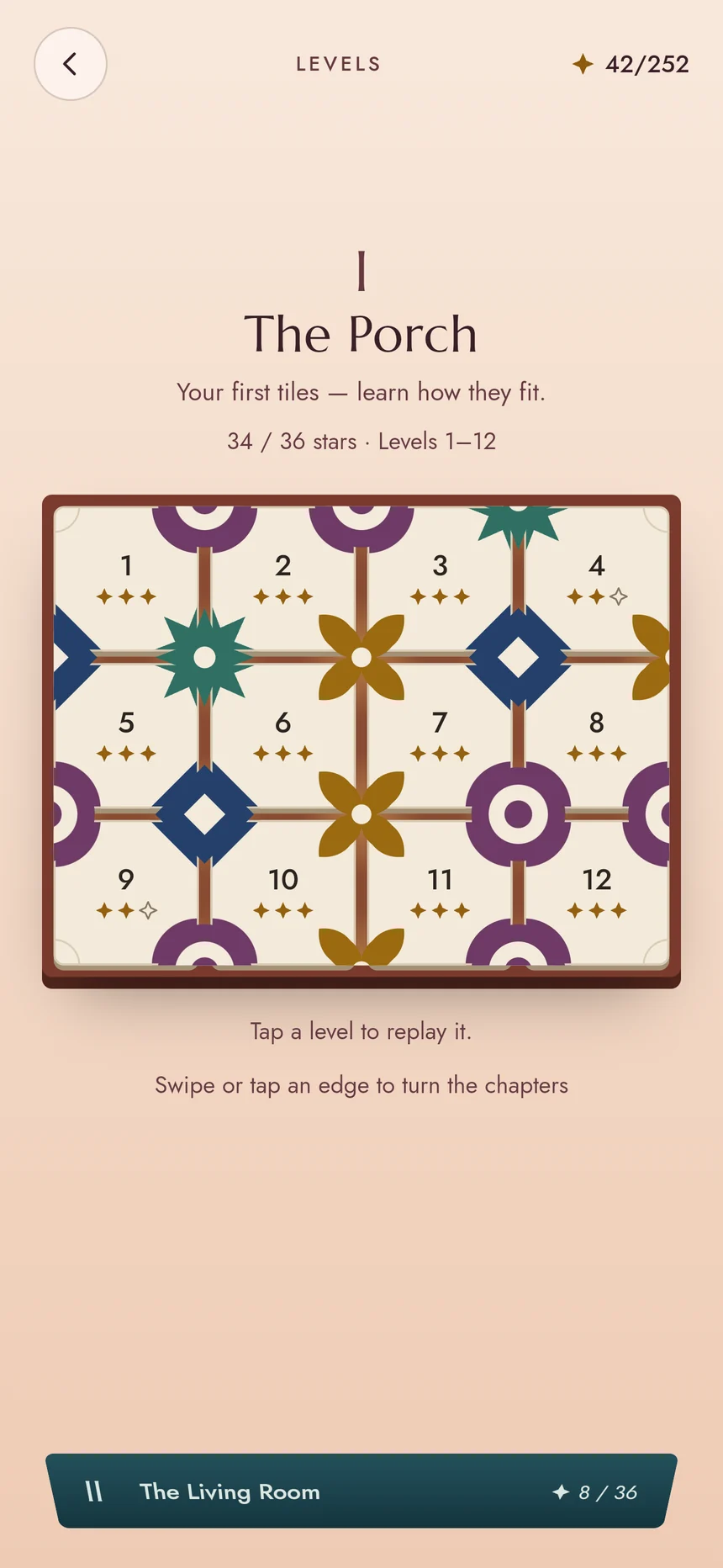 The Porch chapter page: levels 1 to 12 laid out as a tiled floor, 34 of 36 stars.