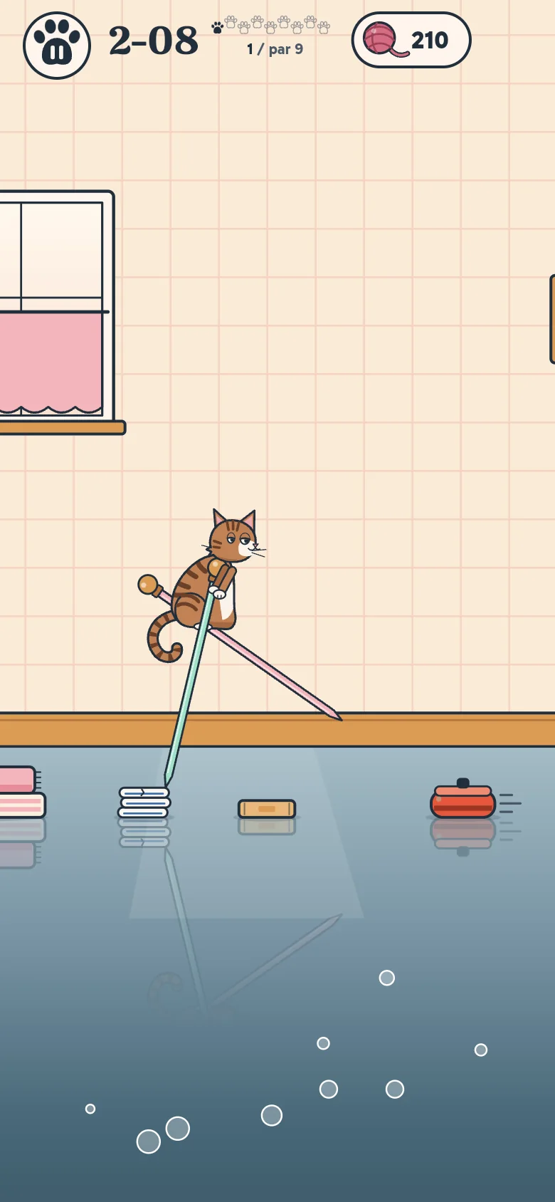 The tabby stands on two knitting needles over a wet floor, between a plate stack and a robot vacuum
