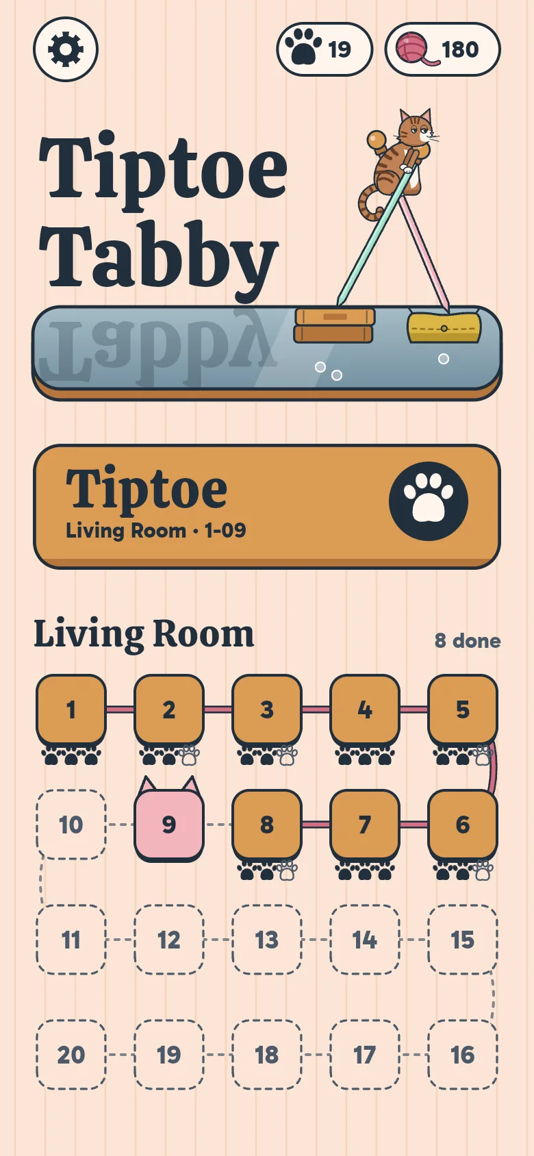 Home screen: the Living Room map, twenty level tiles on a strand of yarn, eight already walked