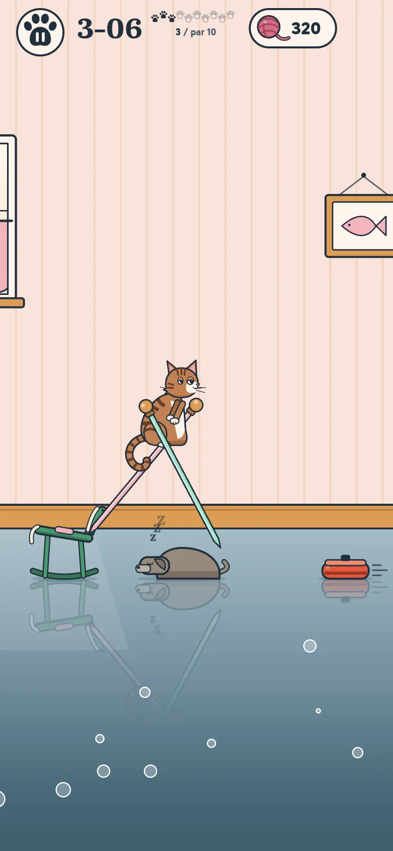 A level in the laundry room: a rocking horse, a sleeping dog and a robot vacuum over the wet floor