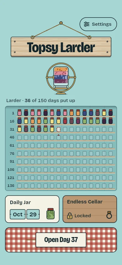 The home screen: a hanging oak sign, the season shelf of 150 days and the Daily Jar