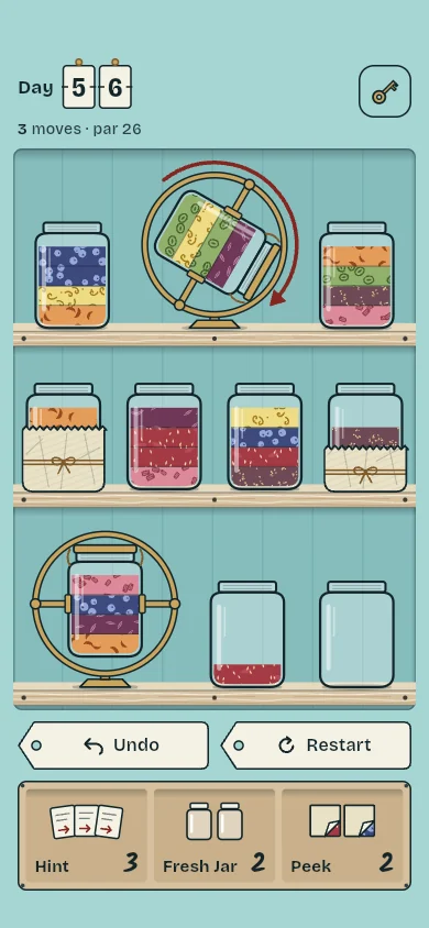 A Topsy Larder level: jars of fruit preserves on wooden shelves, one jar turning upside down in its brass cradle