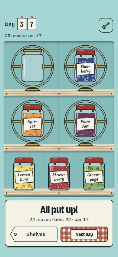A solved day: every jar sealed with red wax and a handwritten label, and the All put up! card