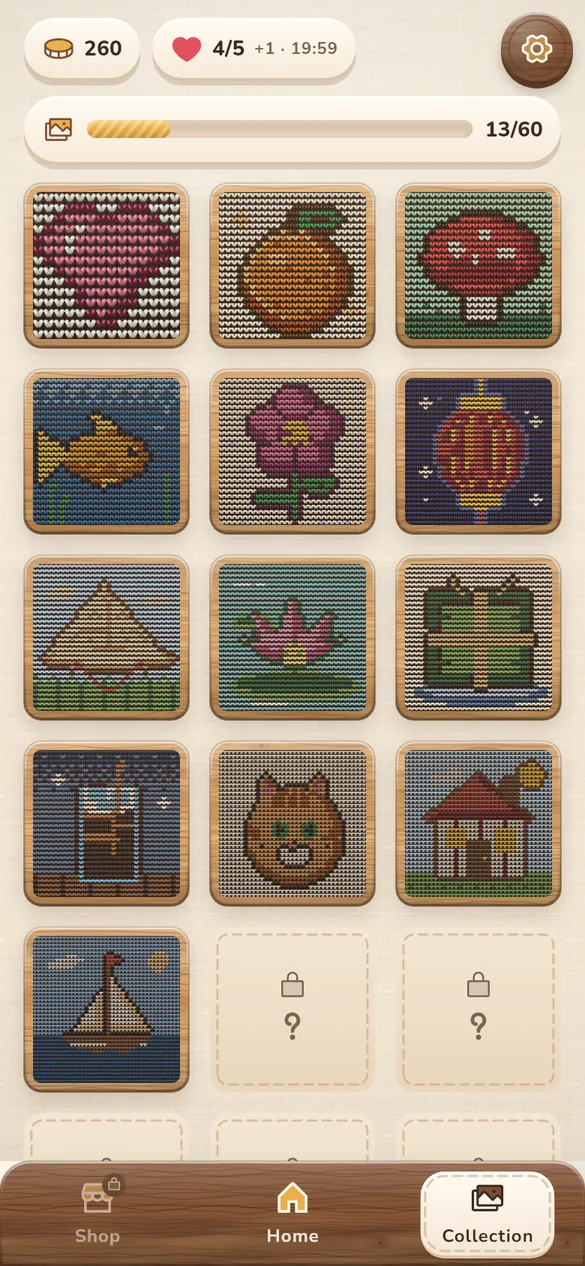 Collection album of finished knitted pictures: a heart, an orange, a goldfish, a lotus, a red lantern, a cat and more