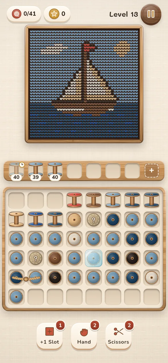 Level 13: spools on the wooden tray stitch a knitted sailboat while blue and white spools wait on the board below