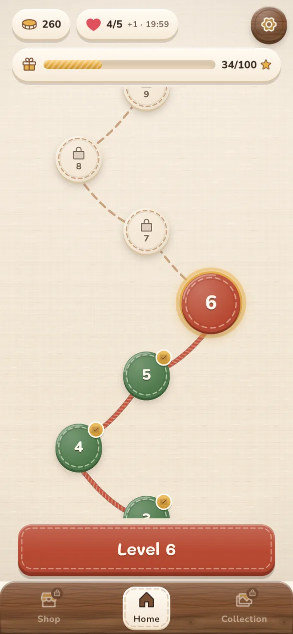 Home screen: a winding path of levels with level 6 ready to play, plus your coins and lives at the top